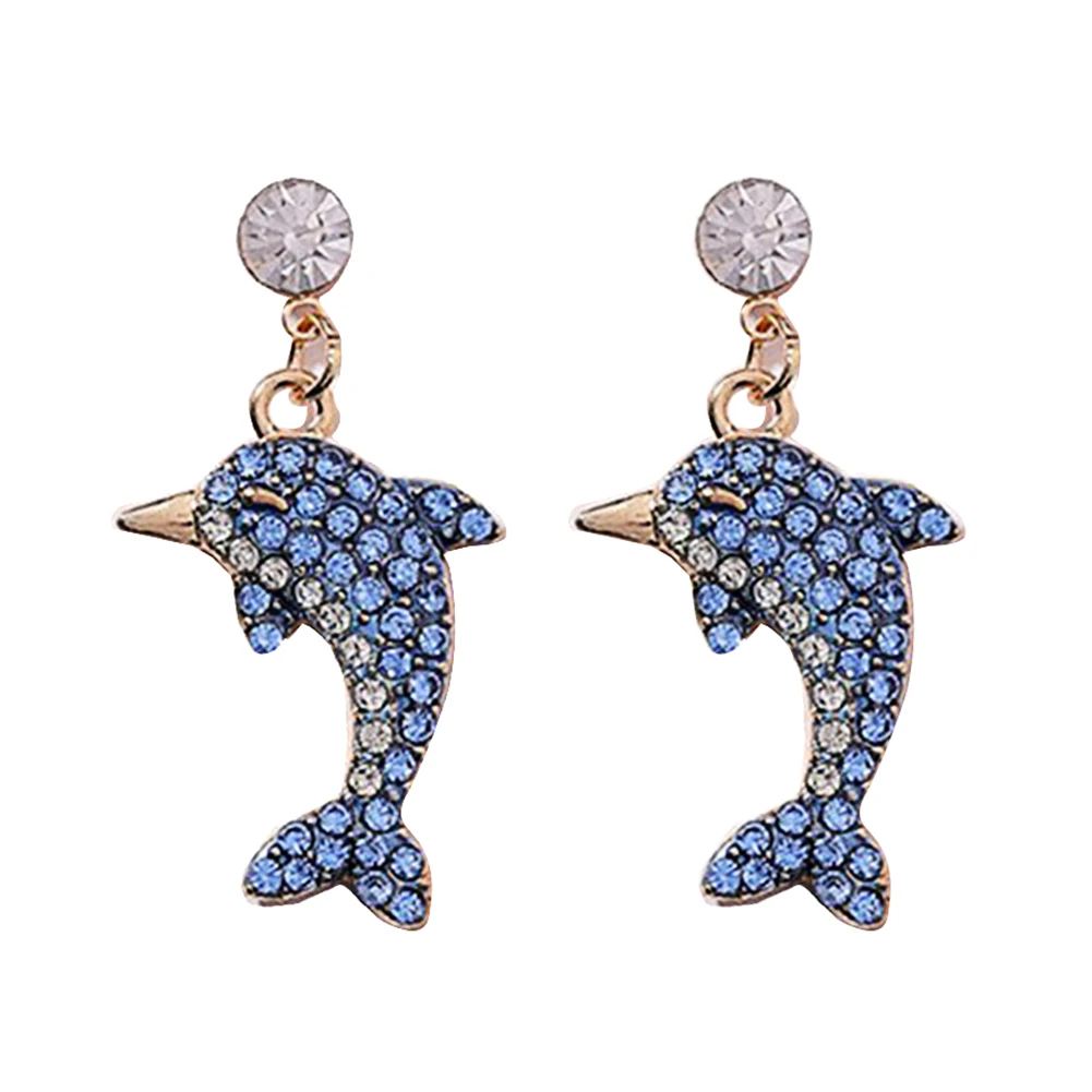 KE_ Lovely Dolphin Shape Shiny Full Rhinestone Women Stud Earrings Jewelry Gif 