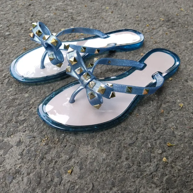 Summer Beach Sandals Woman Flip Flops PVC Slides Female Sandals Rivet Bowknot Slip on Flat with Women Studs Slippers Jelly Shoes Royal Blue