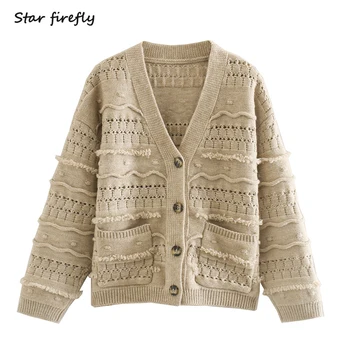 

Star Firefly Fashion Za Cardigan Women 2020 Spring New Casual Loose V-neck Single Breasted Pocket Hollow Knit Cardigan Female