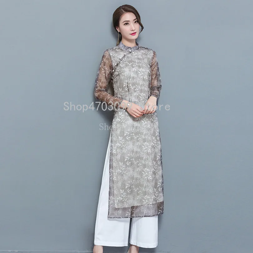 Женский шифон Aodai вьетнамская традиционная одежда Ao Dai вьетнамские халаты и брюки женский комплект 2 шт. платья улучшенный Cheongsam