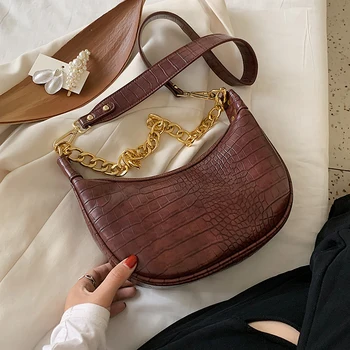 

High Quality Retro PU Leather Half Moon Bags For Women Chain Shoulder Bag Solid Color Handbags Lady Small Winter Cross Body Bag
