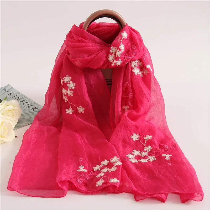 Embroidery Silk Scarves for Women New Fashion Floral Print Shawls and Wraps Thin Long Pashmina Lady Neck Scarf Hijab Femme - Цвет: lanhua 7