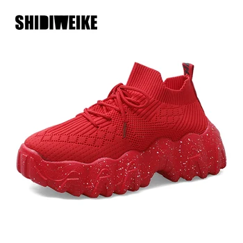 

High-top Platform Sneakers Women Knitted Casual Shoes Woman White Black red Sneakers Air Mesh Dad Shoes 2020 new Q433