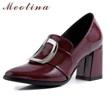 

Meotina High Heels Women Pumps Patent Leather Chunky High Heel Party Shoes Buckle Slip on Round Toe Shoes Lady Black Size 34-39