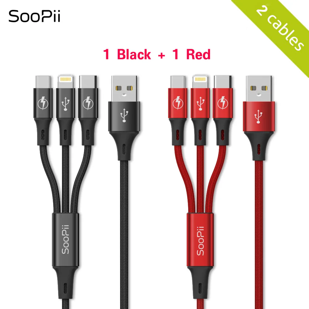 Soopii 1,2 м 3 в 1 USB кабель type-c и ios и кабель зарядного устройства микро-usb 3A Быстрая зарядка USB кабель 2 упаковки