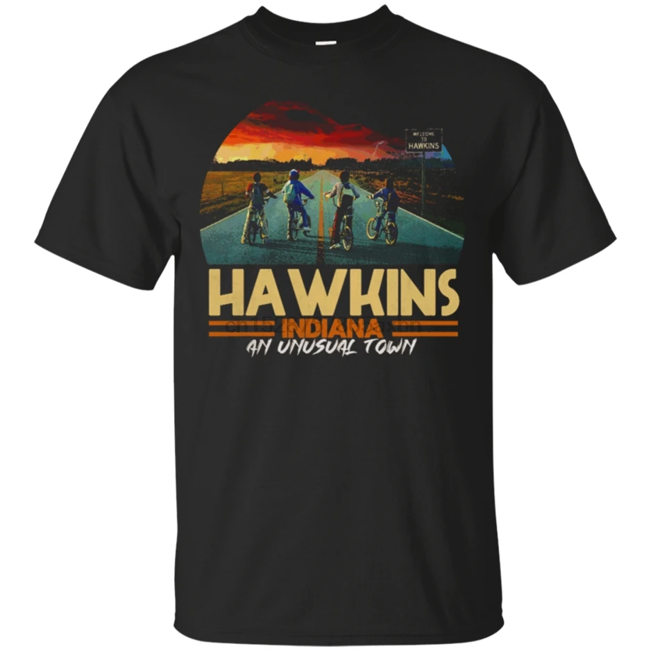 Hawkins Stranger Th Ngs Винтажная футболка с рисунком закат Индиана необычный город черный