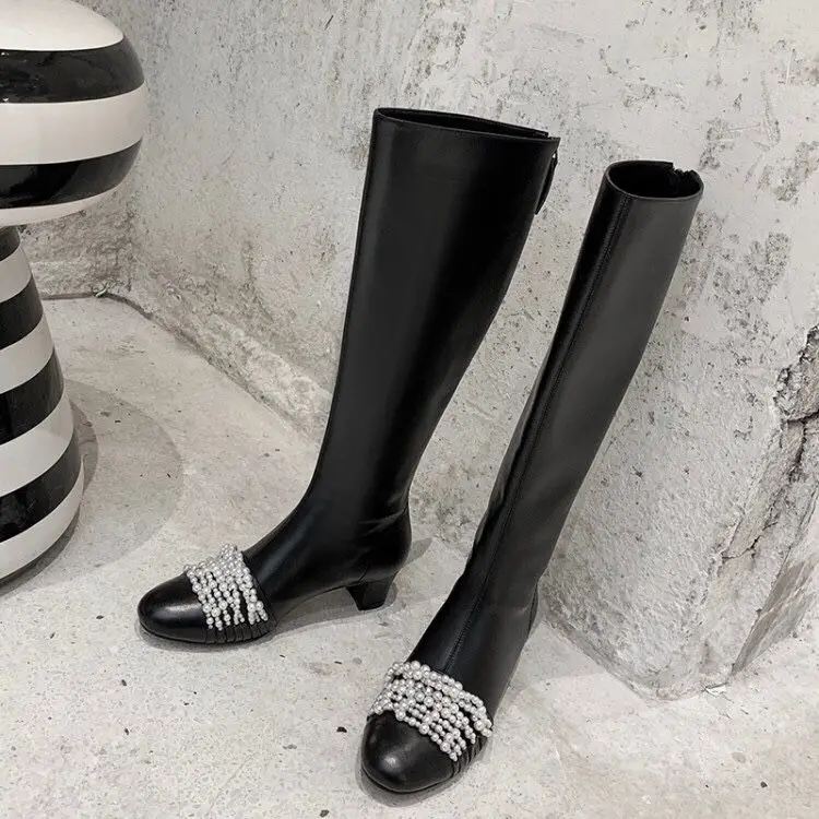 

2019 Low Heel Shoe Women Pearl Decor Woman Shoes Black Long Booties Fashion Knee-High Boots Brand Designer Hot Bota Feminina
