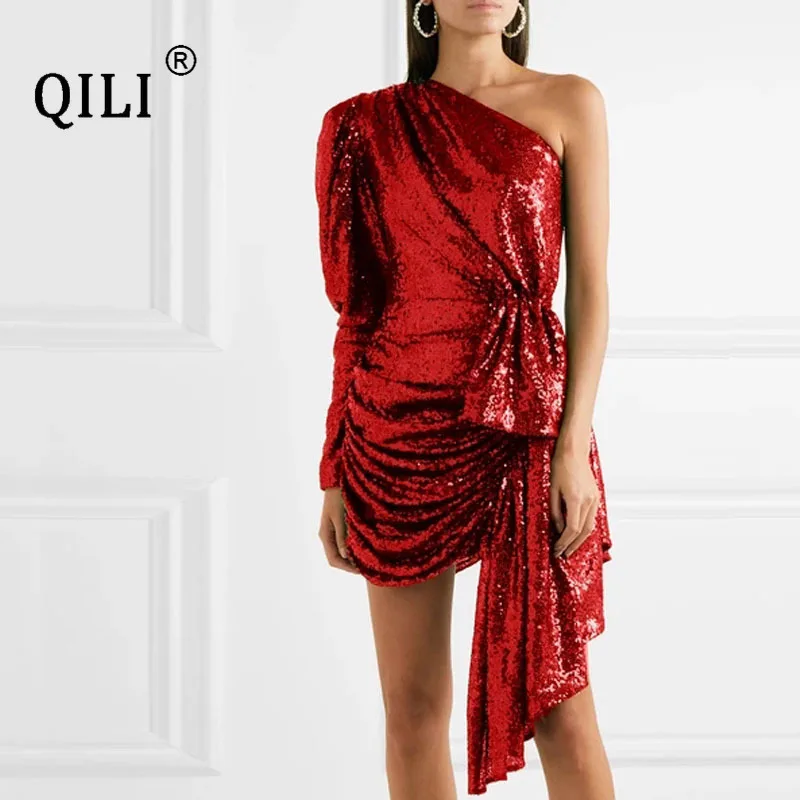 QILI Women One Shoulder Sequined Dress Full Sleeve Pleated Bow Mini Dresses Red Black Sexy Party Vestidos | Женская одежда