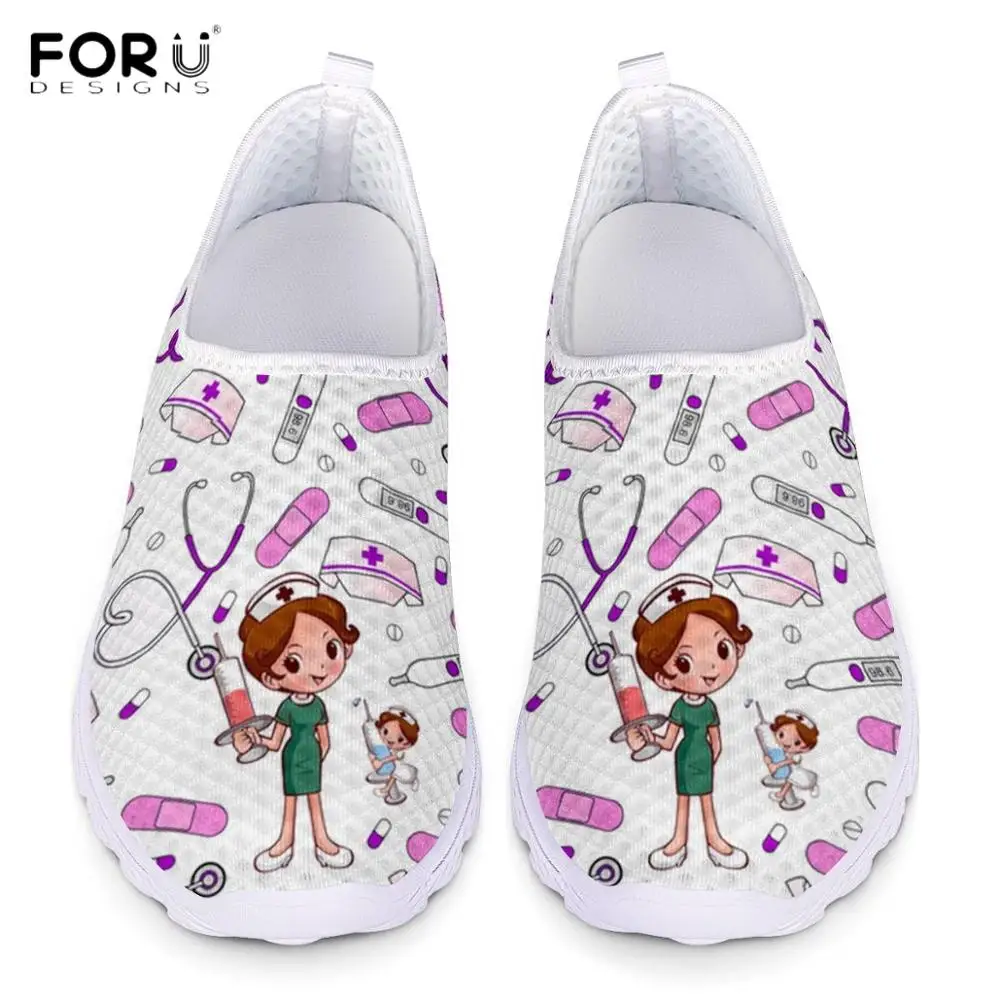 

FORUDESIGNS Cute Cartoon Nurse/Doctor/Hospital Pattern Woman Slip On Sneakers Mesh Nursing Shoes for Women Lightweight Footwear