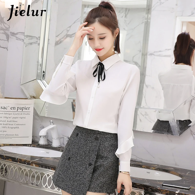 Jielur Lace Up Bow Tie Autumn Women Chiffon Blouse Ruffles Patchwork White Shirt Leisure Long Sleeve Pink Ladies Blusas Tops XXL | Женская