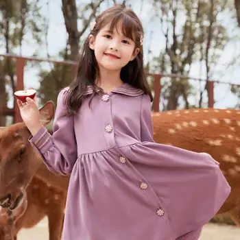 

Birthday Party Show Dress For Girls Unique Single Breasted Long Sleeve Gowns 3-14y Baby Girls Loose Pleated Mid Length Dresses