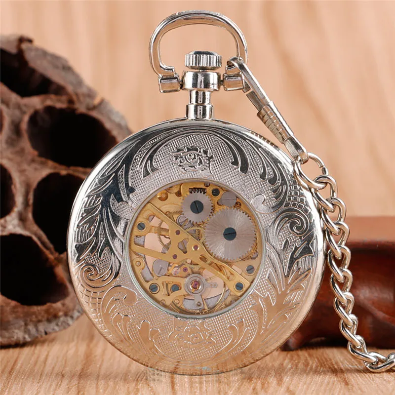 Silver Antique Men Women Skeleton Handwinding Mechanical Pocket Watch Roman Number Dial Fob Chain Relogio De Bolso