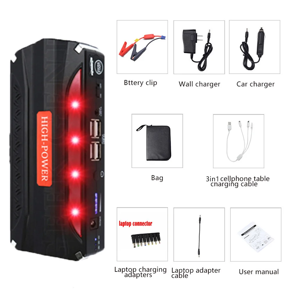 GKFLY Emergency Car Jump Starter 12V Portable Power Bank Battery Charger Booster Starting Cable Device Diesel Petrol Auto LED portable jump starter