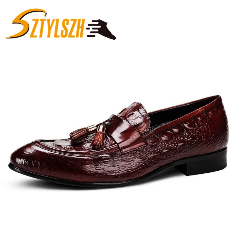 

High Quality Classic Mens Loafer Genuine Leather Tassel Crocodile Pattern Slip On Formal Wedding Party Banquet Dress Shoes Flats