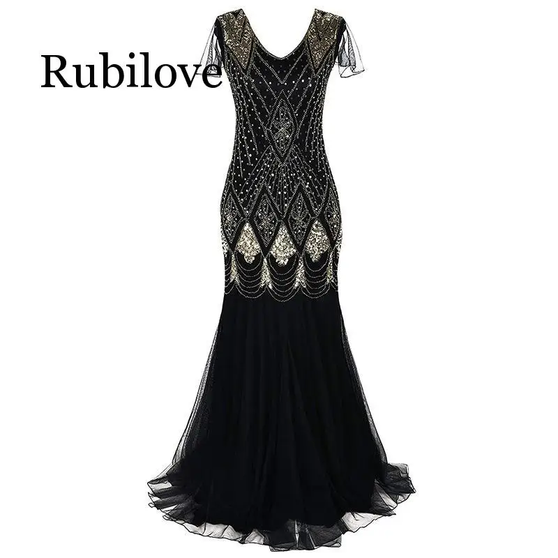 Rubilove, платье в пол, винтажное, Осеннее, женское, с блестками, макси платье, с бисером, Хлопушка, 1920 s, Клубные, вечерние, платье русалки