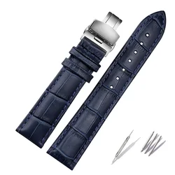Elegant Dark Blue Genuine Leather Watch Strap with Butterfly Clasp - 21mm (Blue silver buckle)