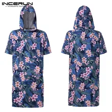 INCERUN, Модный цветочный принт, мужские халаты, короткий рукав,, с капюшоном, дышащие, быстросохнущие, пляжные халаты, пончо, полотенце, мужской Халат