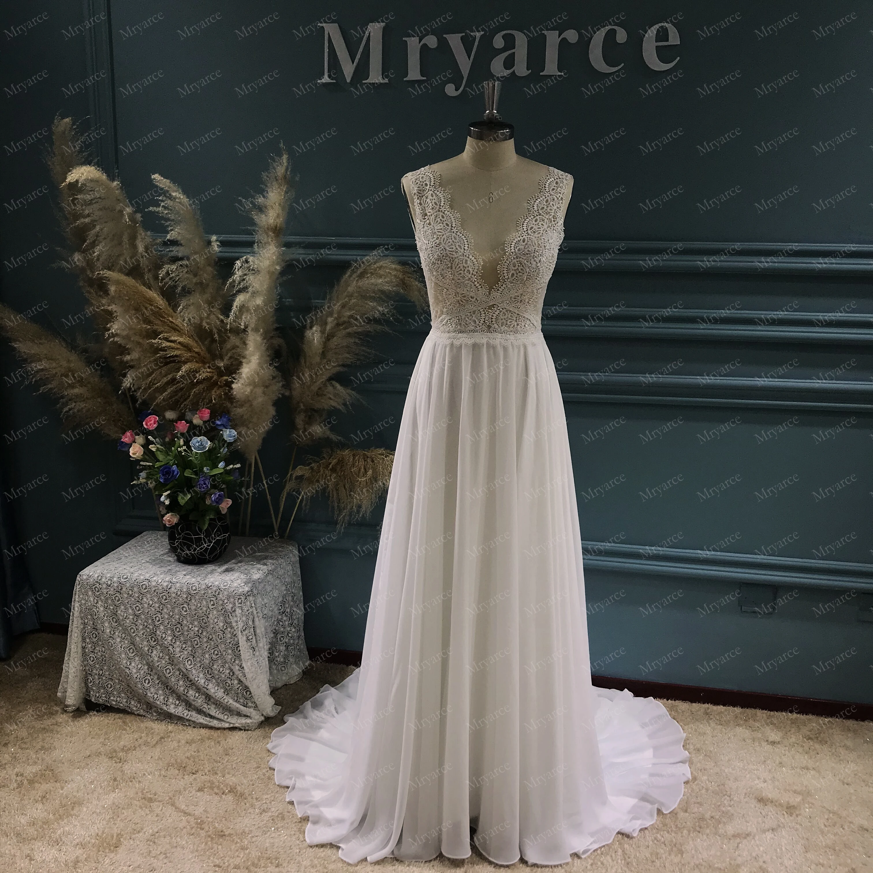 Mryarce Exquisite Lace Sleeves V Neck Chiffon A Line Wedding Dress Open Back Bridal Gowns 3