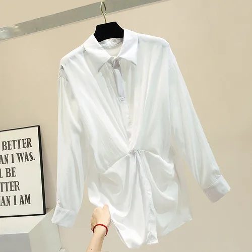 Белый Осень длинный рукав Blusas Женская Осенняя новая рубашка с отворотом и перекрестным бантом Женская длинная дизайнерская рубашка белые рубашки Nancylim Топы - Цвет: Белый
