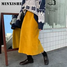 Весенняя Новинка, Вельветовая свободная Однотонная юбка в стиле ретро, Женская желтая повседневная юбка с высокой талией, корейский стиль, миди синие женские юбки