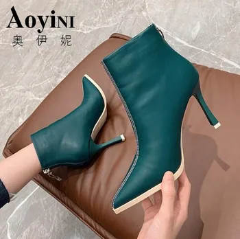 

Women Boots 2020 Autumn and Winter V-Neck High Heels Ankle Shoes Boots Leather Booties Feminina Woman Wedding Party Shoes