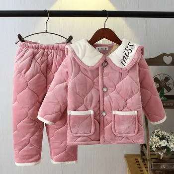

2020 Winter Children's Thick Pajamas Three-layer Quilted Flannel Home Suits For Babies Boys Girls Plus Velvet To Keep Warm