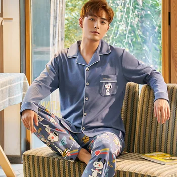 

Autumn 2020 Cotton Mens Long - Sleeved Lovers Pajamas Set Plaid Mansleepwear Long Shirt Nightwear Plus Size Home Wear