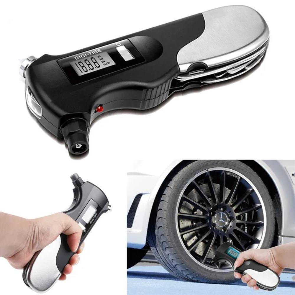 Lifesaving safety hammer flashlight car emergency tool digital display tire pressure detector gauge lighting light tools knife