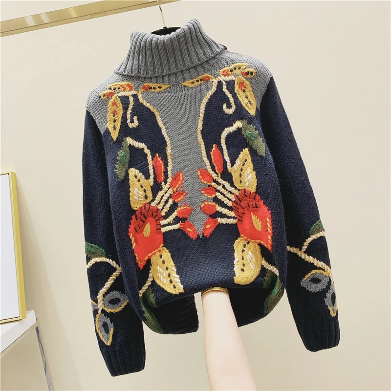 

Ins Sweater Women Autumn Winter Turtle-Neck Pattern Sweater Women's Embroidered Loose-Fit Lazy Sweater Knitted Coat Pullovers