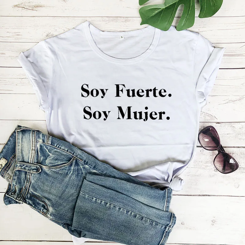 white-red text SOY FUERTE SOY MUJE, Новое поступление, женская летняя забавная Повседневная футболка из хлопка, испанские рубашки, Прочные Женские топы - Цвет: white-red text