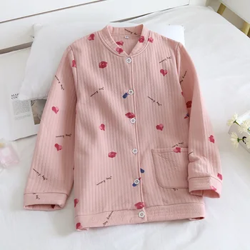

Cotton Print Women Wadded Thick Tops Homewear V Neck Single Breasted Pocket Female Pajama 2020 Autumn Casual Sweet Lady Clothes