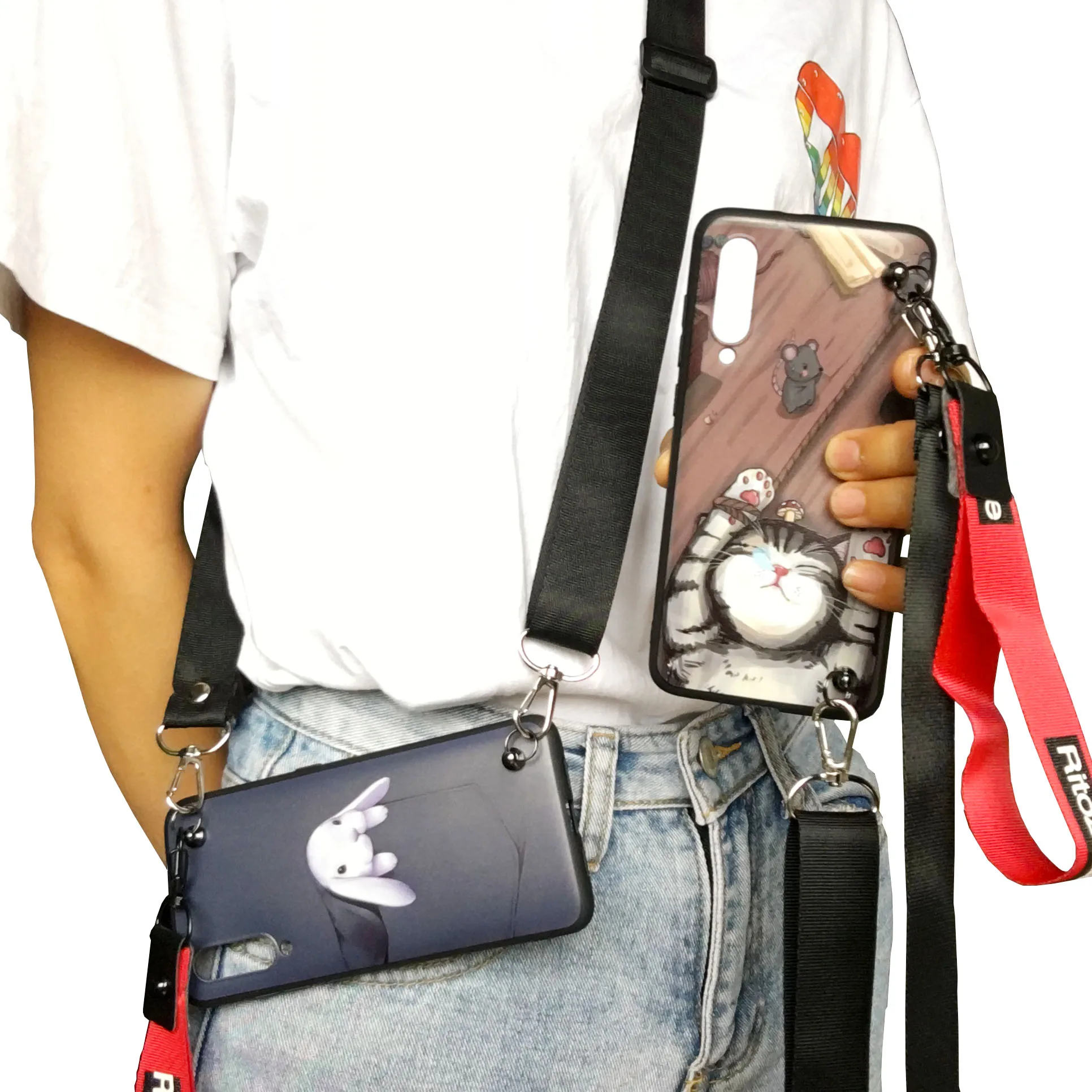 

For iphone 11 pro max XS MAX XR X 7 8 6 6S plus case cover cute cartoon rabbit cat shoulder strap soft tpu phone bag capa fundas