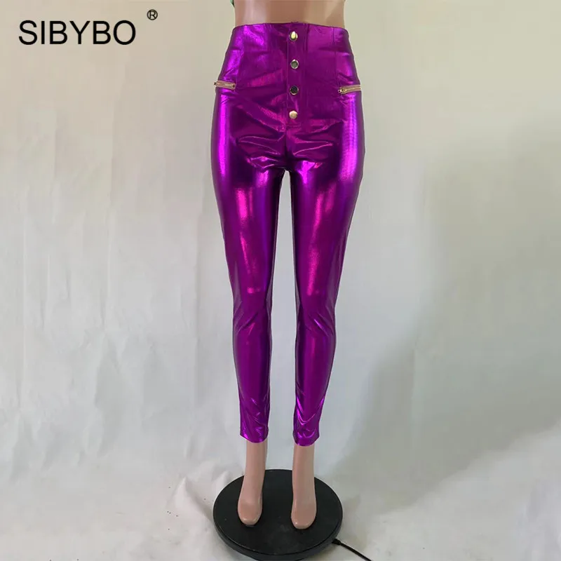 SIBYBO/зимние женские брюки с высокой талией из искусственной кожи; Модные Узкие женские брюки на пуговицах; однотонные повседневные осенние женские брюки на молнии