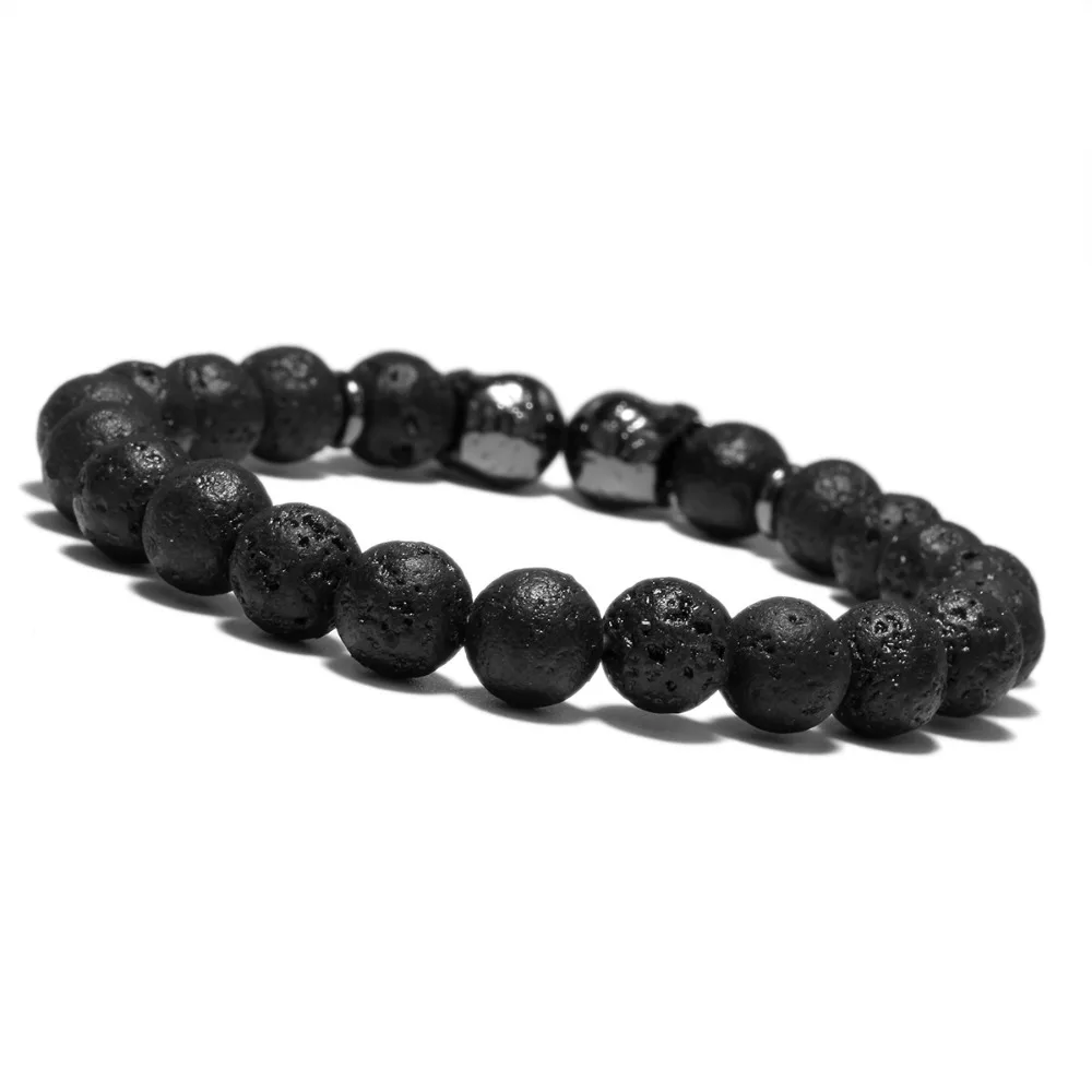 Punk Double Skull Head Design Beads Bracelet 4 Color Natural Stone Beaded Lava Braclet For Men Biker Wristband Jewelry Homme