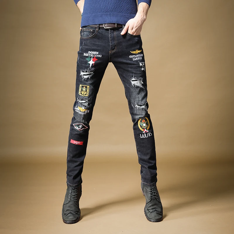

Free Shipping New men's male denim jeans Personality Autumn men 2019 Korean hip-hop embroidery hole slimming trousers