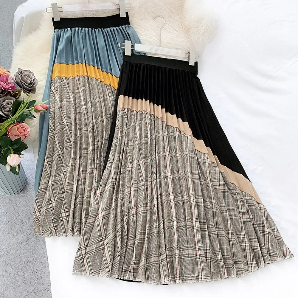 BEFPRW осенне-зимние элегантные сращивания плед миди плиссированная юбка Для женщин Высокая Талия Винтаж, а-силуэт, длинный женские юбки в стиле casual с юбкой