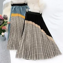 BEFPRW осенне-зимние элегантные сращивания плед миди плиссированная юбка Для женщин Высокая Талия Винтаж, а-силуэт, длинный женские юбки в стиле casual с юбкой