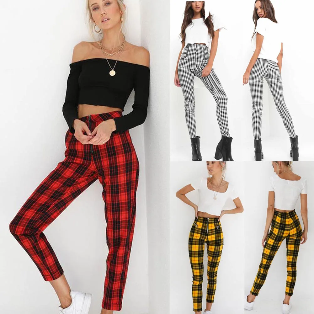 Women Tartan Plaid High Waist Trousers Ladies Checked Slim Fit Long Pencil Pants