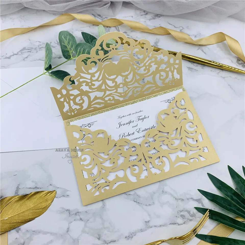 

Graceful Gold Laser Cut Pocket, Customized Insert WIth Glitter Backing And Envelope
