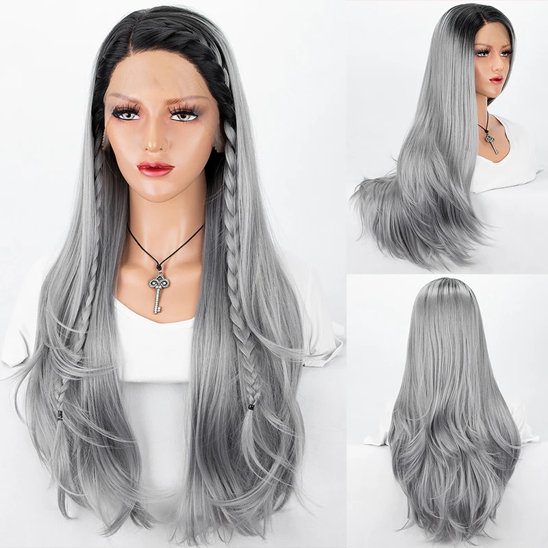 

Glissamer Ombre Purple Gray Lace Front Wig With Dark Roots Long Wavy Synthetic Wigs High Temperature Fiber Grey Purple Wig