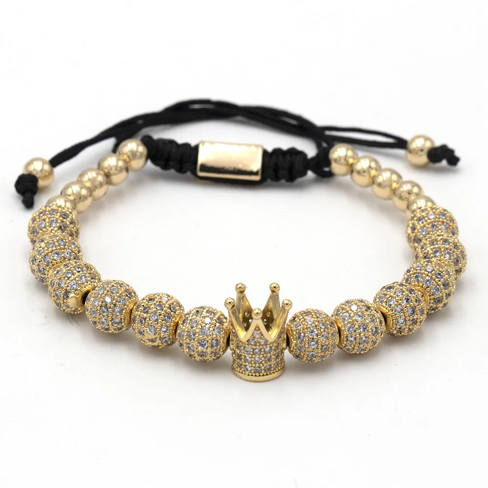Luxury Jewelry CZ Ball Crown Charm Bracelet Copper Bead Macrame Handmade Men 3pcs Bracelets Set Bangles For Men Jewelry - Окраска металла: 8mm cz gold