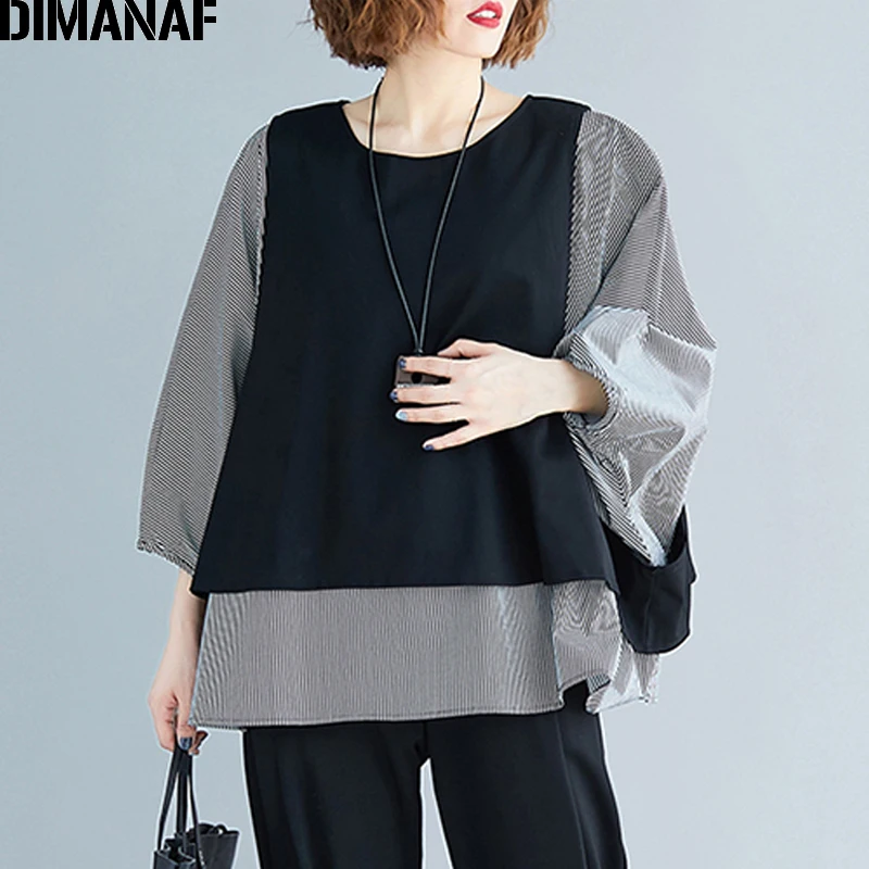  DIMANAF Plus Size Women Blouse Shirts Autumn Oversize Casual Lady Tops Tunic Batwing Sleeve Loose F