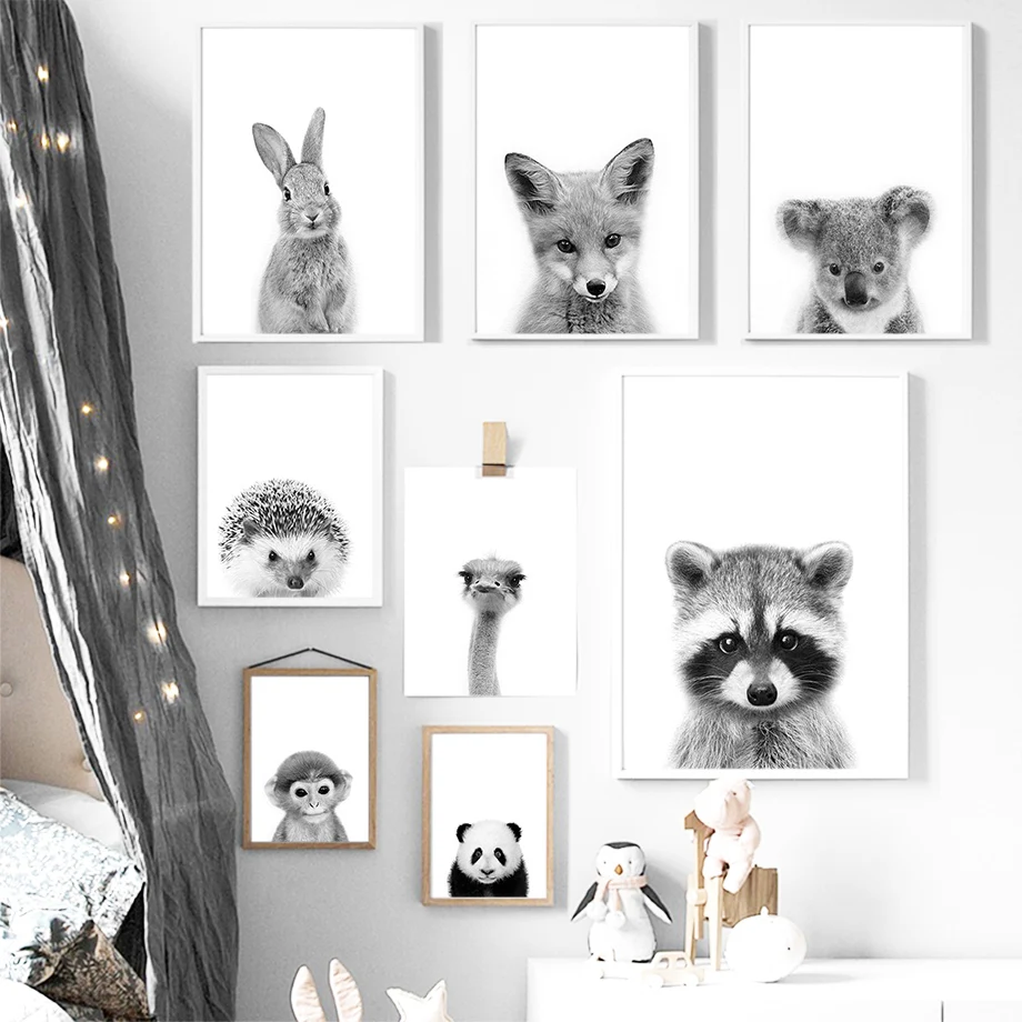 

Black White Panda Koala Monkey Ostrich Nordic Posters And Prints Wall Art Canvas Painting Animal Wall Pictures Kids Room Decor