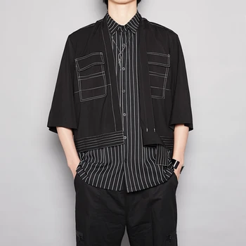 

EWQ / men's wear three-dimensional cutting stripes fake two-piece patchwork design half sleeve shirt male 2020 summer new 9Y2025
