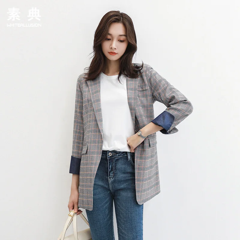 

Plaid Small Suit WOMEN'S Coat 2019 Spring And Autumn New Style Korean-style Retro Casual Mid-length Slim Fit Women's Suit