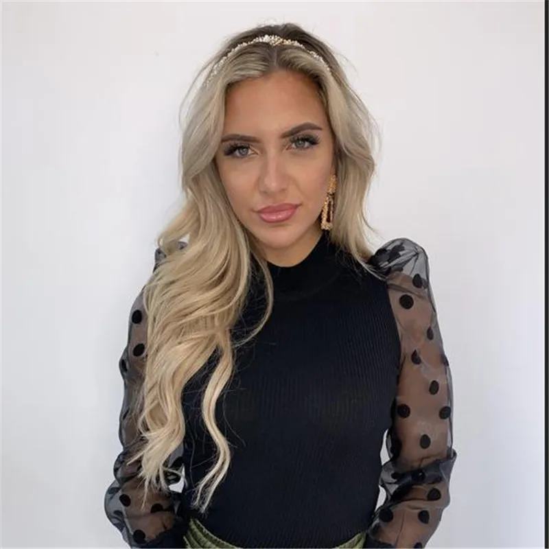 

2019 Autumn New Fashion Women Polka Dot Sheer O-neck See-through Long Puff Sleeve Tops Club Elegant T-Shirts