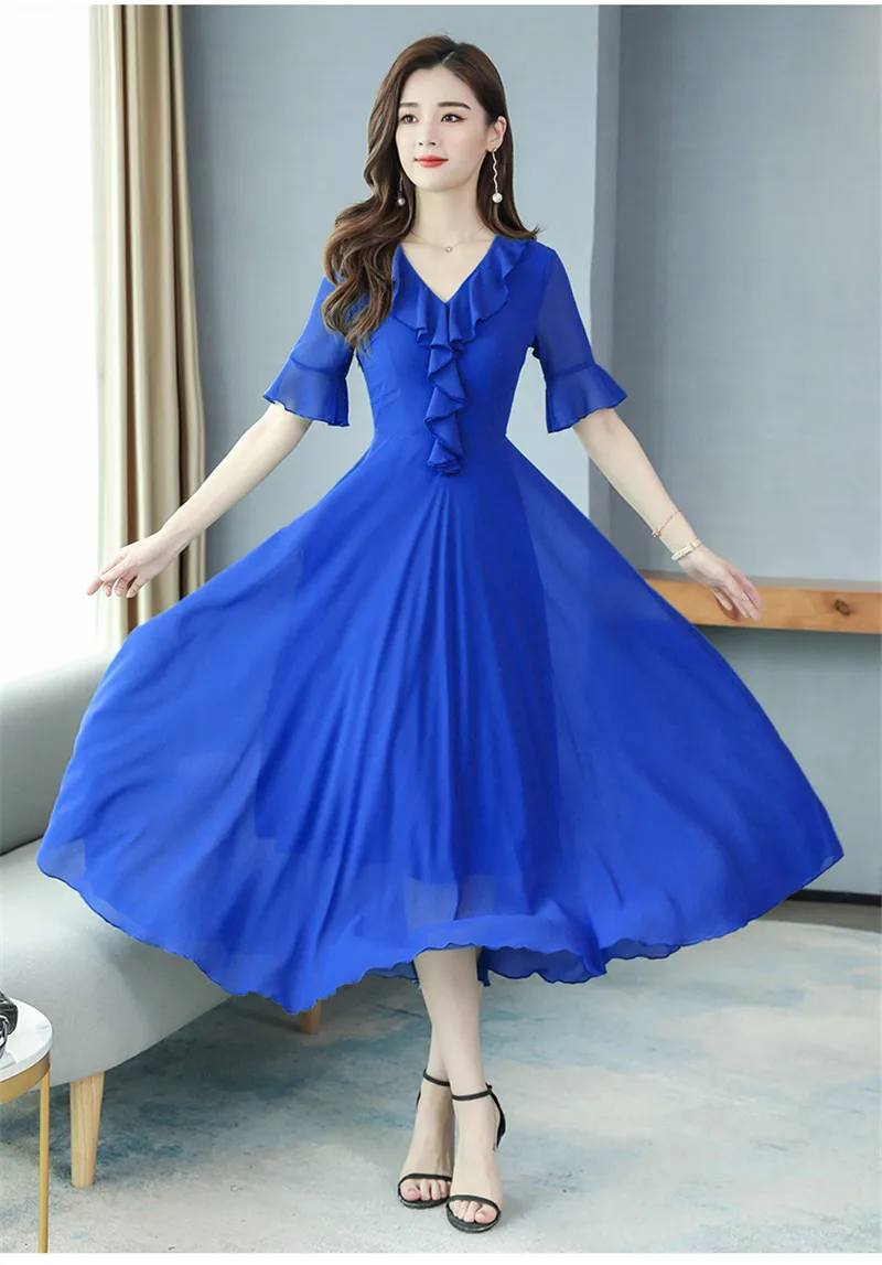 Vestido de Chiffon Moda com Decote em v Coreano Verão Nova Mangas Alargadas Magro Era Temperamento Fino Vestido Grande Balanço 2021 25 moda com decote em v mangas alargadas
