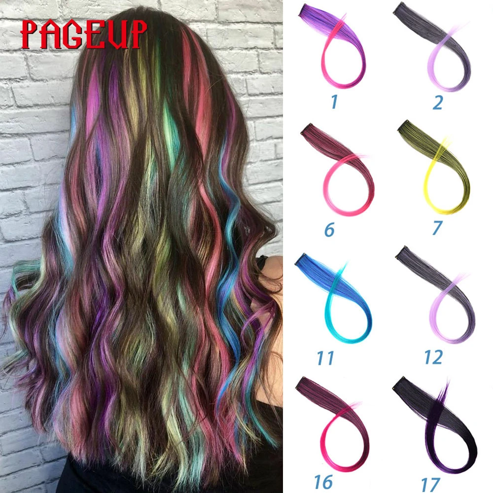 Pageup Rainbow Hair Extension Clip One Piece Synthetic Fake Colored Hair  Pieces Pink Long 20