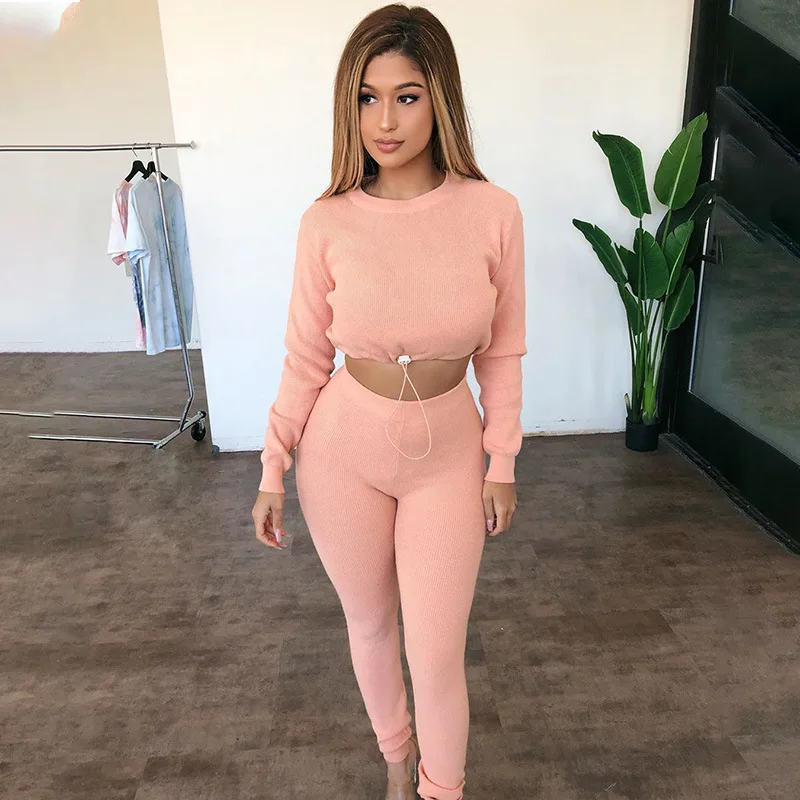 

Knit Rib Tracksuit Woman Long Sleeve Drawstring Short Crop Top And Pencil Pants Solid Color 2 Piece Suit Fitness Sporty Outwear