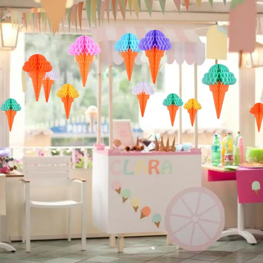 Ice Cream Summer Party Decoration Honeycomb Hanging Decor Boy Birthday Baby Shower Tropical Hawaiian Ice Cream Banner Supplies